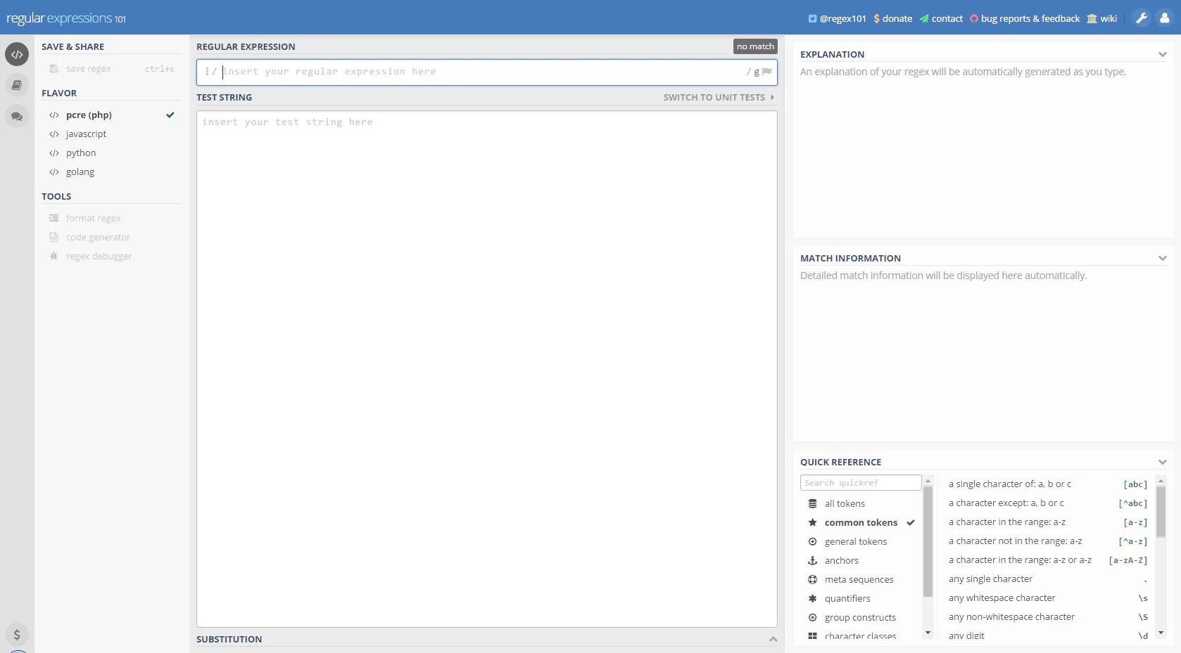 Screenshot of regex101 user interface