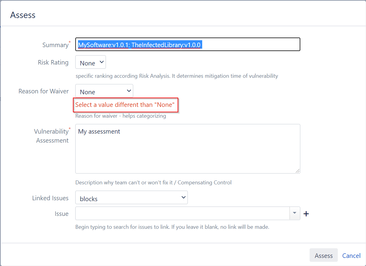 jira example issue transition dialog with error