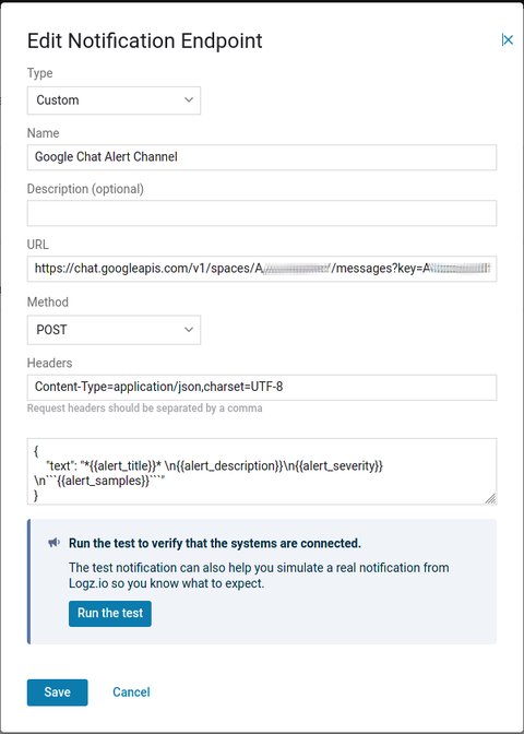Google Chat endpoint in logz.io